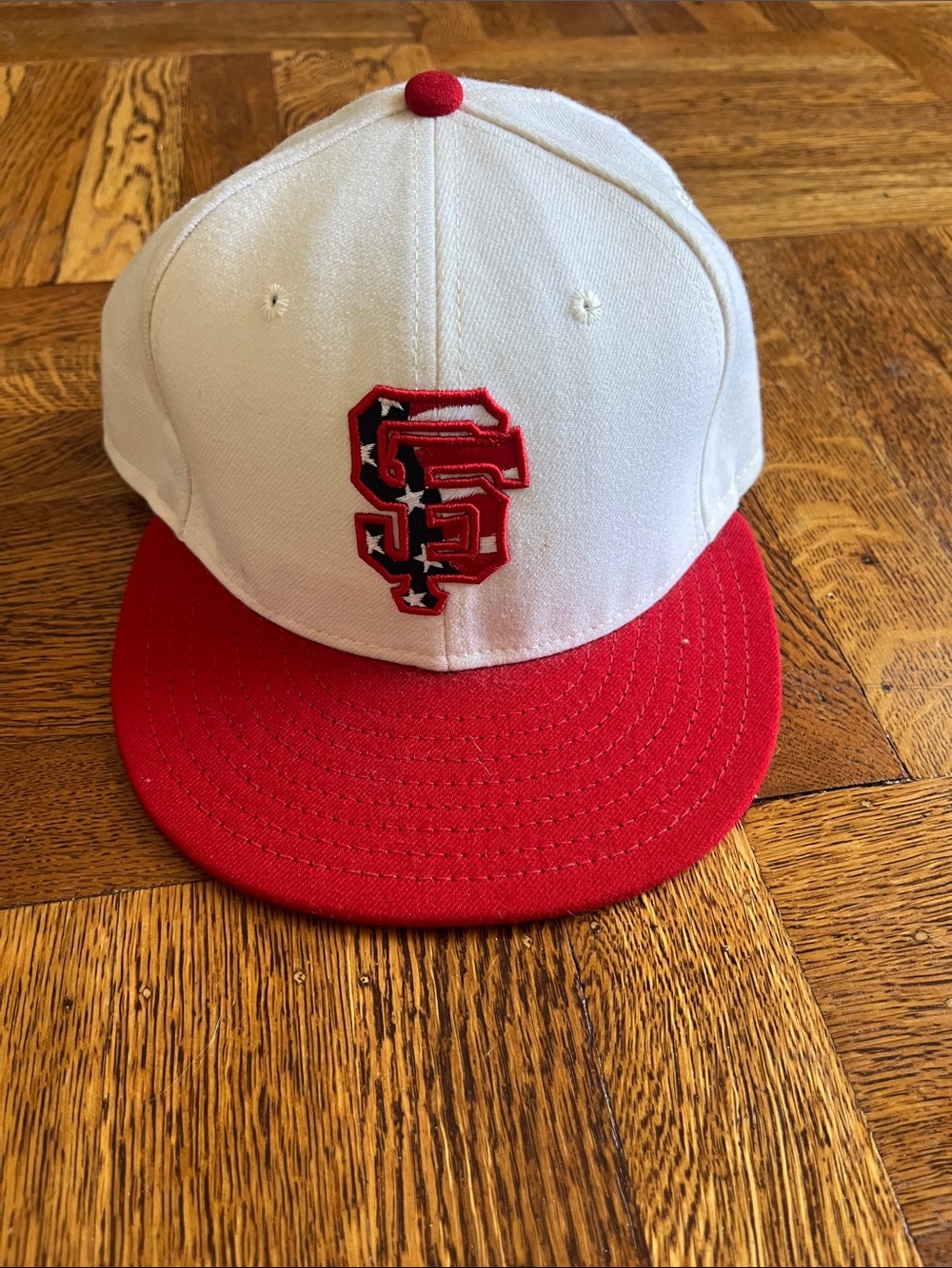 New Era White and Red Kids Snapback Hat with Embroidered SF Logo